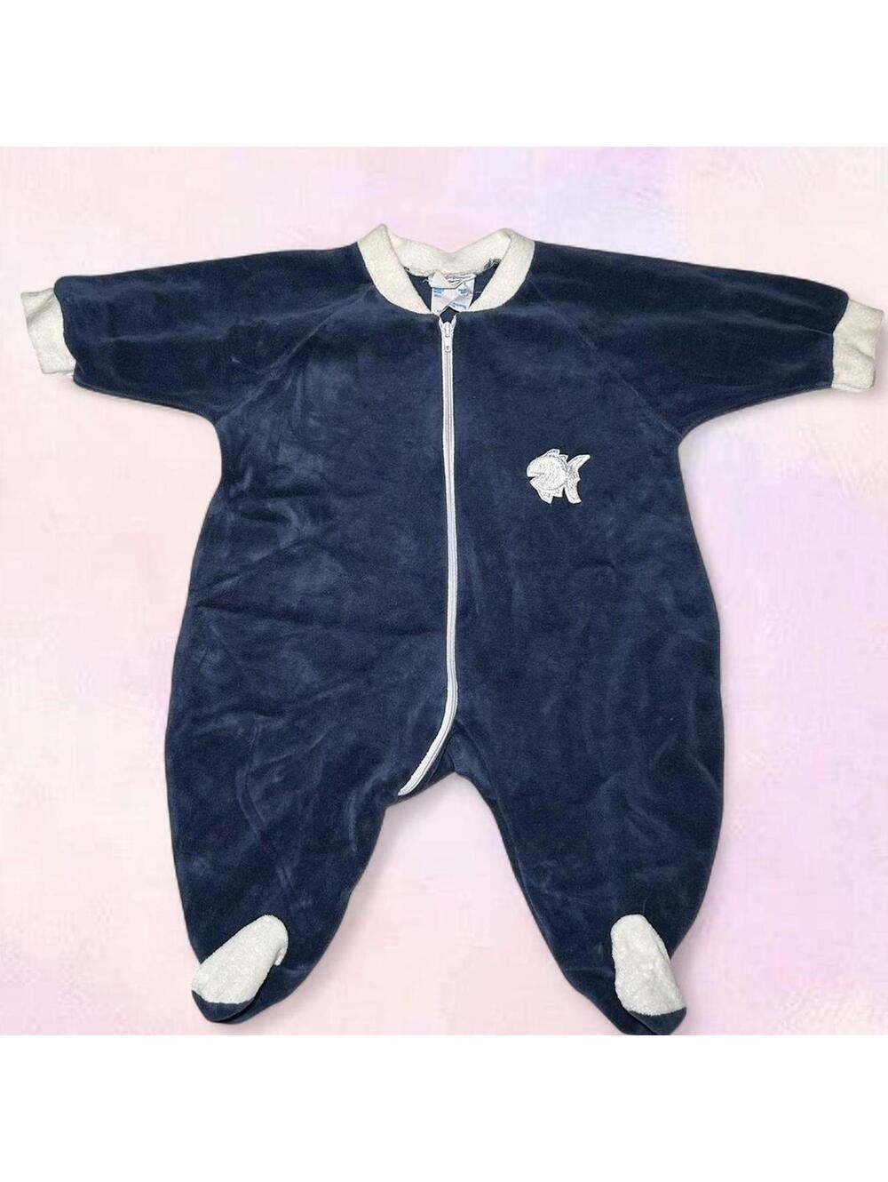 Vintage Popcorn Navy Blue Velvet Onesie Zip Up Size 12 Months
